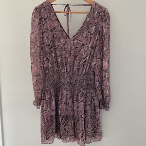 1.STATE Pink Snake Print Chiffon Mini Dress Smocked Waist Balloon Sleeve S